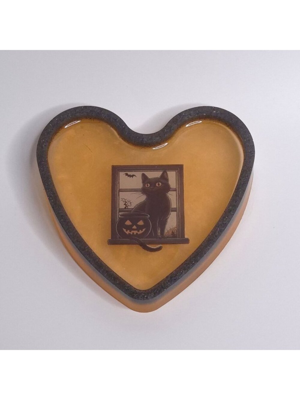 Heart-Shaped Resin Tray Black Cat & Pumpkin Halloween Decor Handmade 4.5 in